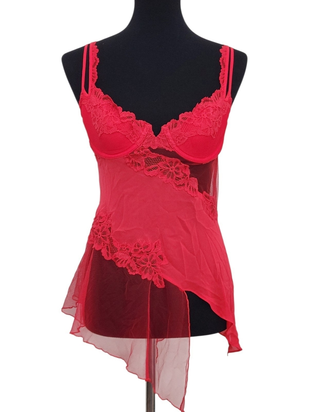 Victoria's Secret Red Lace Sheer Asymmetric Chemise Lingerie 34C NWT Sexy Dress